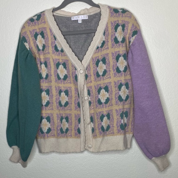 Karlie Sweaters - Karlie Purple Green Cream Mixed-Pattern Knit Cardigan